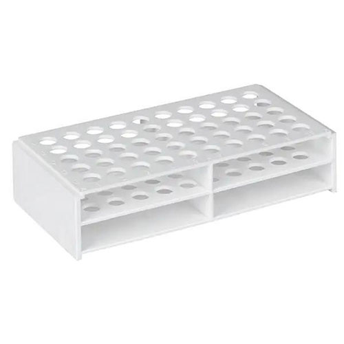 Reagenzgestell in weiß mit zwei Ebenen für längere und kleinere Gefäße auf weißem Hintergrund.jpg